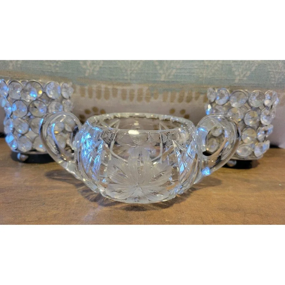 Antique Etched & Cut Crystal Floral Motif Sugar Bowl - 1930's